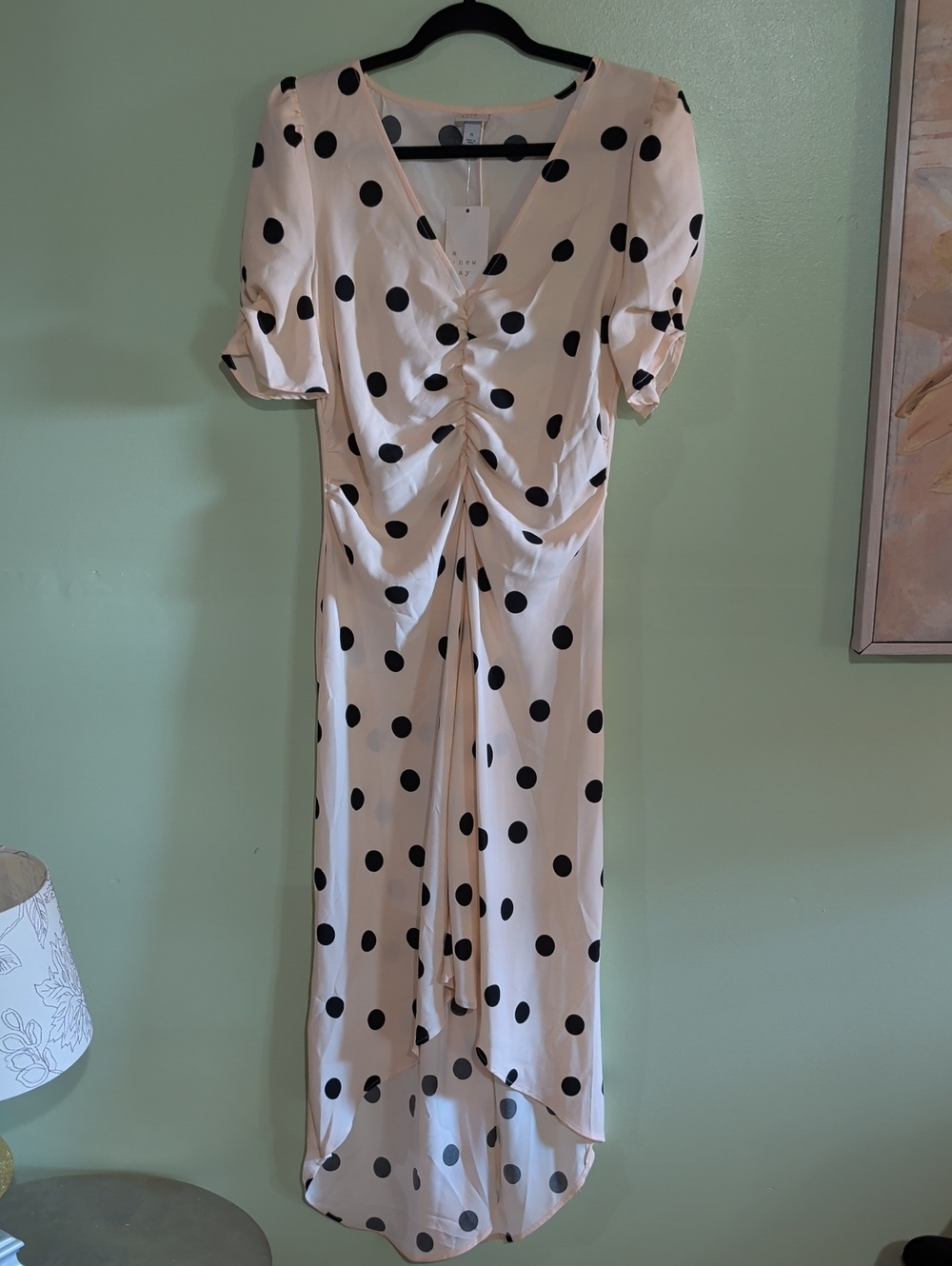 a new day Cream V-Neck Polka Dot Dress with Black Dots